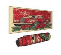 Vintage Red Pickup Truck Large Gaming Mouse Pad, Holiday Poinsettia Design, Stitched Edge Mousepad, Rubber Non-Slip Washable Gaming Mouse Pad for Home and Office 12x32 Inch