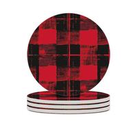 Vintage Red Plaid Black Graffiti Round Ceramic Coasters Non-Slip Cork Base Drinks Holder Craft 4PCS