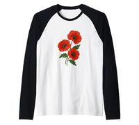 Vintage Red Poppy Botanical Retro Floral Design for Nature Raglan Baseball Tee