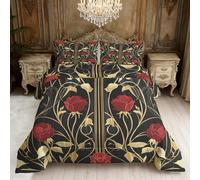 Vintage Red Rose Coverless Duvet Super King Size, Art Nouveau Botanical Floral Reversible Comforter Set 3 Pcs, 2 Pillowcases, Bedroom Decor, 10.5 Tog Soft Lightweight Warm All Seasons BZ-L1010