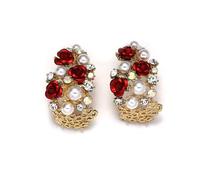 Vintage Red Rose Flower Open Hoop Earrings for Women Gold Plated Hypoallergenic Elegant AB Crystal Shell Pearls Inserted Chunky Statement Dangle Drop Stud Earrings Retro Valentine Mother's Holiday