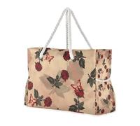 Vintage Red Rose Sandproof Work Tote Bags with Side Pocketes Bag with Zipper with Zippered Pockets