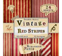 Vintage Red Stripes Scrapbook Paper: 24 Double-Sided Sheets with 12 Patterned Designs for Decoupage, DIY Projects, Origami, Scrapbooking & Collage