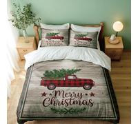 Vintage Red Truck Christmas Tree 3-Piece Printed Duvet Cover Set with 'Merry Christmas' for Holiday Home Décor (04,Double + 50x75cm)