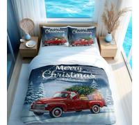 Vintage Red Truck Christmas Tree 3-Piece Printed Duvet Cover Set with 'Merry Christmas' for Holiday Home Décor (01,King 240x220 + 50x75cm)