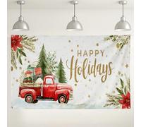 Vintage Red Truck Holiday Backdrop, Christmas Tree Festive Party Decorations, Happy Holidays Indoor/Outdoor Photo Background for Winter Celebrations 71x43 Inch