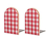 Vintage Red White Check Pattern Wooden Bookends Shelves 2 PCS Sturdy Book Holders Desktop Organizer for Home Office Libraries