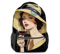Vintage Red Wine Lady Print Backpack: Elegant Women's Wide-brimmed Hat Gold Leaf Pattern Fashion Backpack, Academy Style Casual Travel Backpack Unisex (print 2)