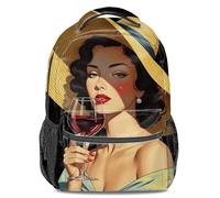 Vintage Red Wine Lady Print Backpack: Elegant Women's Wide-brimmed Hat Gold Leaf Pattern Fashion Backpack, Academy Style Casual Travel Backpack Unisex (print 4)
