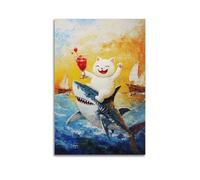 Vintage Renaissance Wall Art, Whimsical Funny Fat Cat Riding Shark Painting, Entertaining Cats Vs Shark Animal Art, Trendy Hanging Paintings Poster for Modern Home Interior Wall Decor 20x30inch(50x75c