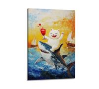 Vintage Renaissance Wall Art, Whimsical Funny Fat Cat Riding Shark Painting, Entertaining Cats Vs Shark Animal Art, Trendy Hanging Paintings Poster for Modern Home Interior Wall Decor 20x30inch(50x75c