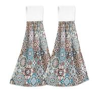 Vintage Retro Abstract Mosaic Oriental Square Scraps Flowers 2 PCs Hanging Kitchen Hand Towel, Dish Dishcloth Towels with Hanging Loop, Absorbent Tea Bar Bath Tie Towel for Tabletop Kitchen
