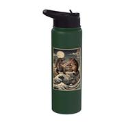Vintage Retro Cat Vs Monster Trex Japanese Japan Ukiyo-e Art Stainless Steel Insulated Water Bottle