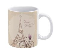 Vintage Retro Eiffel Tower with Bicycle Lavender Flowers Funny White Ceramic Mug, Novelty Tea Coffee Cup 11 Oz, Gifts for Mom/Daughter/Son/Father on Birthday/Christmas/Anniversary