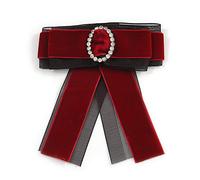 Vintage/Retro Men And Women Universal Burgundy Red/Black Velour, Organza Fabric Ribbon Pre-Tied Bow Tie Collar with Clear Crystal Detailing - 12cm L