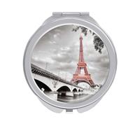 Vintage Retro Pink Eiffel Tower Bridge in Grey Style Folding Make Up Mirror, Compact 2X/1X Magnification Mirror, Women Portable Travel Makeup Mirror 2.4 x 2.4 inch
