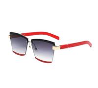 Vintage Retro Rimless Cateye Sunglasses, Smokey Tinted Gradient Lens, Geometric Rectangle Cat Eye Gold Detail Frames, UK 2024 (Red)