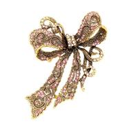 Vintage Rhinestone Bow Brooch for Women, Antique Gold Tone Bowknot Pin with Blue/Pink Crystals, Elegant Brooch Accessory for Suit Dress Scarf Hat Wedding Party, M, Alloy Steel, no gemstone