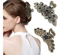 Vintage Rhinestone Hair Claw Clips 2 Pack - Retro Alloy Non-Slip Hair Clips for Women Thick Hair, Shiny Metal Flower Hair Grips Fancy Accessories Ladies & Girls