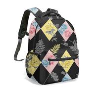 Vintage Rhombus Rose Backpack, All-over Print Geometric Floral Daypack for Kids Teens, Retro Patchwork 16 Inch School Bag (01)
