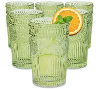 Vintage Textured Sage Green Striped Drinking Glasses Set of 6, Ribbed Flower Design, 13 oz Cocktail Water Tumblers Glassware Set