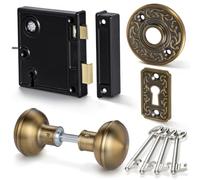 Vintage Rim Lock Set with Antique Brass Door Knob Rosette Plate, Antique Door Latch with Lock and Skeleton Key, Vertical Trim Vintage Lock Set for French and Screen Doors in Interior Doors