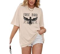 Vintage Rock Band T-Shirts for Women Retro Free Bird Eagle Graphic Country Music Tees Casual Loose Short Sleeve Tops, Beige, L