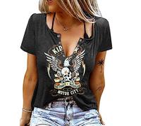 Vintage Rock Roll Concert T-Shirt Women Loose Casual Shirt Tops Funny Skeleton Eagle Graphics V Neck Short Sleeve, Black, M