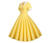 Vintage Rockabilly Retro Plus Size Short Sleeve A-Line Cocktail Dress - Audrey Hepburn Style - Solid Color Button Lapel V-Neck Evening Gown - Yellow