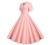 Vintage Rockabilly Retro Plus Size Short Sleeve A-Line Cocktail Dress - Slim Fit Audrey Hepburn Style - Solid Color Button Lapel V-Neck Dress - Evening Gown - Pink