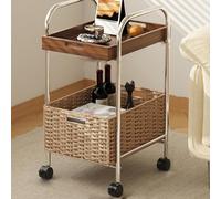 Vintage Rolling Side Table with Wheels, Removable Snack Tray, Solid Wood 2-Tier End Storage Shelf