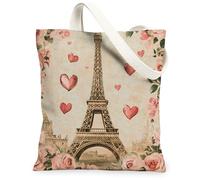 Vintage Romantic Canvas Tote Bags, Paris Tower Hearts Floral Pattern Reusable Grocery Bags, Lightweight Washable Shoulder Strap Canvas for Travel Beach Shopping 13x15 Inch
