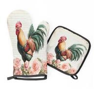 Vintage Rooster Pink Roses Oven Mitts & Pot Holders BBQ Gloves, Heat Resistant Kitchen Oven Gloves Hot Pads for Cooking Baking Grilling
