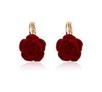 Vintage Rose Flower Hoop Earrings for Women Girls Gold Plated Hypoallergenic Red Velvet Camellia Floral Huggie Hoops Earring Elegant Wedding Holiday Valentine Jewelry Gifts