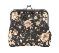 Vintage Rose Gold Floral Pattern on A Black Background Fashion Women's Leather Coin Purse Wallet Convenient Makeup Bag Change Purse for Women Girls monedero para