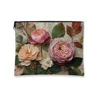 Vintage Rose Makeup Bag, Peach Floral Antique Cosmetic Travel Pouch for Women, Small Canvas Zipper Organizer, Autumn Gift for Skincare and Toiletries, Peach, 7x9 Inch, Rose