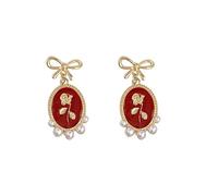 Vintage Rose Pearl Drop Earrings, Gold Bow Design with Red Enamel Oval Charms