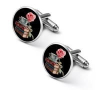 Vintage Rose Teacup Cufflinks for Men Round Cuff Links Black Tie Clips for Business Wedding Graduation