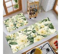 Vintage Rose Wildflowers Kitchen Rug Sets, 2 Pieces Non Slip Kitchen Mat Sets,Washable Country Style Floor Mat for Hallway, Bedroom, Sink (Sage Green, 43x75cm+43x150cm)