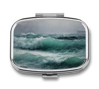 Vintage Rough Ocean Scene Breaking Waves Pill Box 2 Compartment Portable Medicine Pill Case Travel Pill Organizer for Pocket Purse