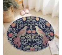 Vintage Round Area Rugs 90 cm - Soft Non-Slip Circle Carpet with Navy Blue Birds & Strawberries Pattern, Washable William Morris-Style Design for Living Room, Bedroom & Home Décor