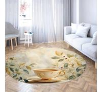 Vintage Round Carpet 100cm Teacup Saucer Autumn Leaf Berry Branch Pattern Kitchen Floor Mat Easy Clean Stain Resistant Soft Large Foldable Non Slip Washable Circular Carpets Dining Room Decor