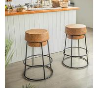 Vintage Round Cork Bar Stools Set of 2, Industrial High Dining Chairs with Footrest for Pub, 74cm Tall Bar Seating, Retro Kitchen Furniture