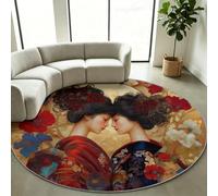 Vintage Round Living Room Rug 90 cm, Washable Yellow Geisha Carpet | Robot Vacuum Friendly Circular Area Carpet, Claw Resistant Snag Proof Floor Protector for Dining Table & Lounge