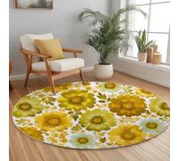 Vintage Round Rug 150cm for Living Room, Yellow Washable Soft Circle Bedroom Rug, Fashion Floral Printed Indoor Circular Carpet for Office Dining Room Under Table
