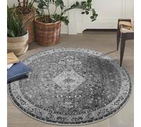 Vintage Round Rug 90cm Ø Washable Oriental Pattern Carpet for Living Room Sofa & Bedroom Decor Anti-Slip Floor Mat Stylish Grey Area Rug for Home Decoration