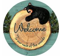 Vintage Round Tin Signs Black Bear Welcome Sign Wreath Center Metal Sign Antique Tin Sign Metal Sign Halloween Decor Christmas Decor Stranger Things Posters Wall Decor 12x12 Inch