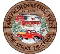 Vintage Round Tin Signs Farm Fresh Christmas Trees Holiday Sign Christmas Sign Wreath Sign Wreath Center Antique Tin Sign Metal Sign Halloween Decor Christmas Decor Wall Decor 12x12 Inch