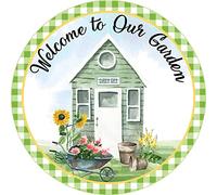 Vintage Round Tin Signs Welcome to Our Garden Sign Wreath Sign Wreath Attachment Antique Tin Sign Metal Sign Halloween Decor Christmas Decor Stranger Things Posters Wall Decor 12x12 Inch