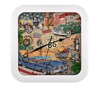 Vintage Route 66 Poster Blue, Yellow, Green Cars Motorcycle USA Flag Custom Square Wall Clock, 10 Inch Silent Non Ticking Frame Decorative Clock, Lightweight Clock for Living Room Bedroom Home
